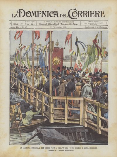 Inaugurační ceremoniál nového mostu člunů přes Pád mezi Sermidem a Massa Superiore od Achille Beltrame