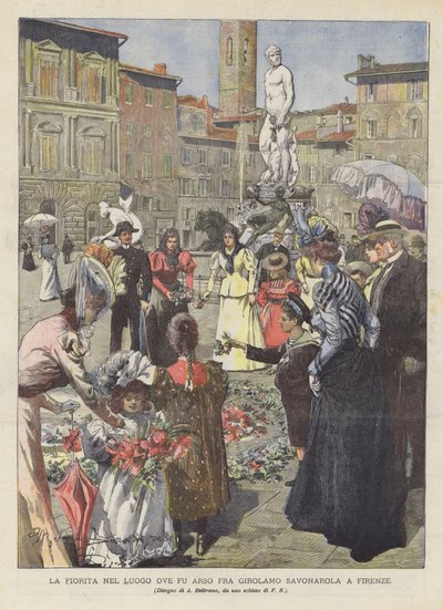 La Fiorita na místě, kde byl upálen Fra Girolamo Savonarola ve Florencii od Achille Beltrame