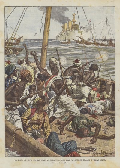 La Gaccia Ai Piráti z Rudého moře, Midyho boj mezi italskými bezinkami a samotnými piráty od Achille Beltrame
