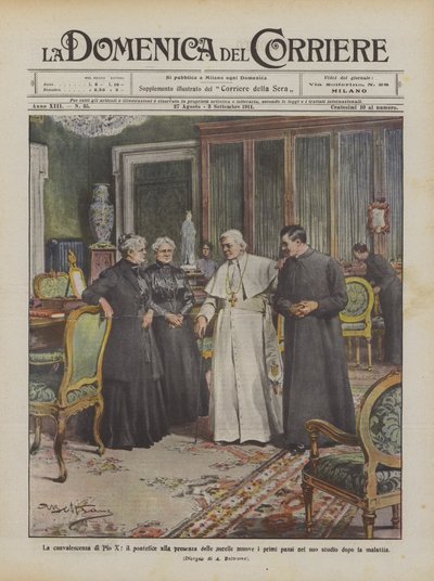 Rekonvalescence Pia X., pontifika v přítomnosti sester, podnikajících první kroky v jeho? od Achille Beltrame