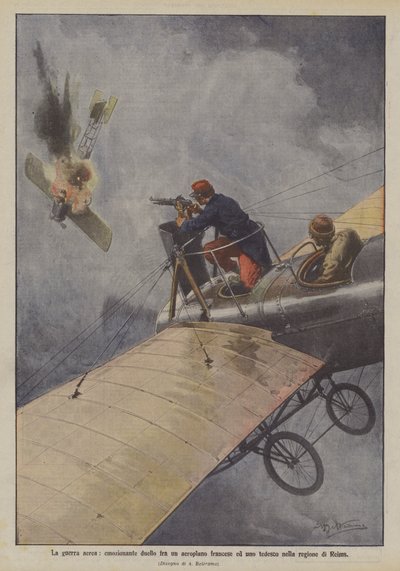Vzdušná válka, napínavý souboj francouzského a německého letadla v oblasti Remeše od Achille Beltrame