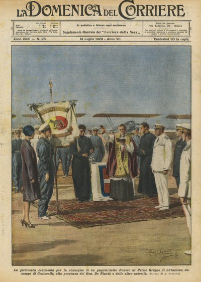 Malebný ceremoniál předání dárkového praporu První letecké skupině ? od Achille Beltrame