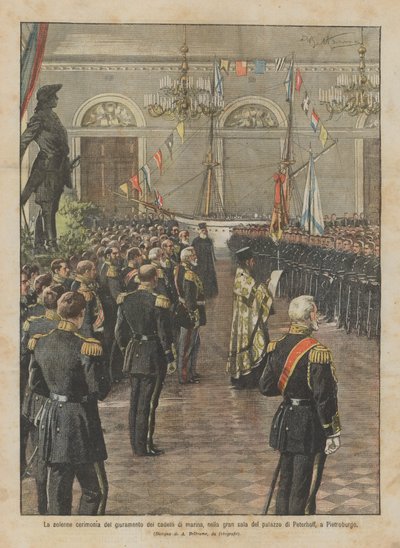 Slavnostní obřad přísahy námořních kadetů ve velké síni Peterhoffova paláce v Petrohradě od Achille Beltrame