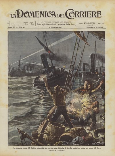 Ruský baltský tým omylem bombarduje flotilu britských rybářských člunů v Severním moři od Achille Beltrame
