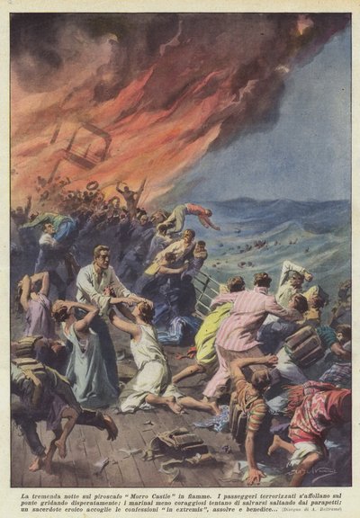 Hrůzná noc na hořícím parníku Morro Castle od Achille Beltrame