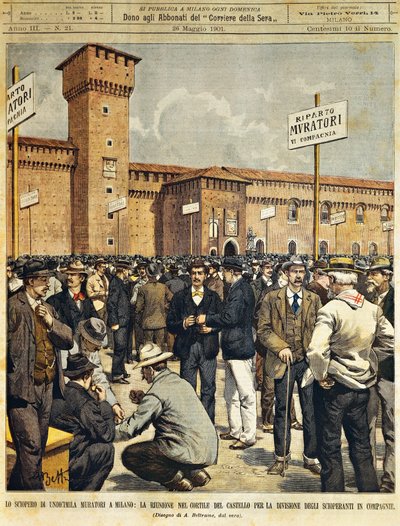 Velká stávka stavitelů v Miláně: Veřejné shromáždění na velkém nádvoří hradu Sforzesco, Achille Beltrame (1871-1945), z La Domenica del Corriere, 26. května 1901 od Achille Beltrame