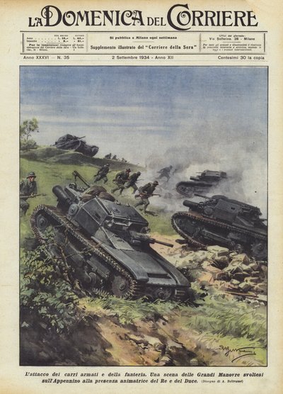 Útok tanků a pěchoty od Achille Beltrame