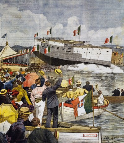 Start bitevní lodi Regina Margherita v La Spezia, panel Achille Beltrame (1871-1945), La Domenica del Corriere, 9. června od Achille Beltrame