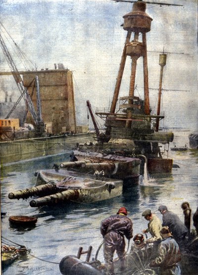 Německá bitevní loď Hindenburg potopená u Scapa Flow ve Skotsku se po 7 letech strávených na dně oceánů vrátila na povrch díky anglické flotile. Ilustrace Beltrame. Domenica z corriere od Achille Beltrame