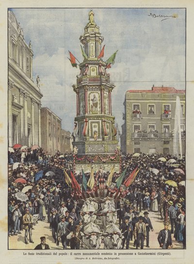 Tradiční lidové slavnosti, monumentální plovák nesený v průvodu v Casteltermini (Girgenti) od Achille Beltrame