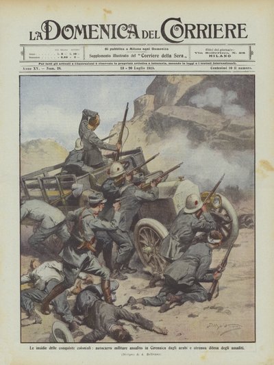 Nástrahy koloniálních výbojů, vojenský náklaďák napadený v Kyrenaice Araby? od Achille Beltrame