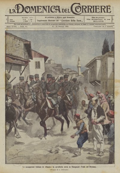 Italská okupace v Albánii, jízda vstupuje do Giorgucati (údolí Drynos) od Achille Beltrame