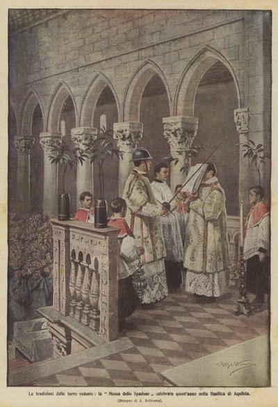 Tradice vykoupených zemí, mečová mše, která se letos slavila v bazilice v Aquileji. od Achille Beltrame