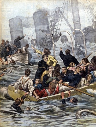 Námořní dramata: potopení parníku Wallawalla naloženého zlatokopy z Klondiku. Ilustrace Beltrame. La Domenica del corriere. 1902 od Achille Beltrame