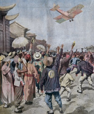 Poručík Arturo Ferrarin, účastník nájezdu Řím-Tokio, přijíždějící a zjevující se nad oblohou v Šanghaji, ilustrace Achille Beltrame z La Domenica del Corriere, 16. května od Achille Beltrame