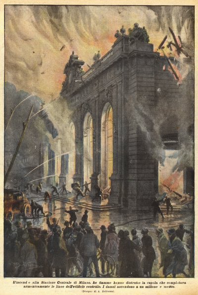 Požár na milánském hlavním nádraží od Achille Beltrame