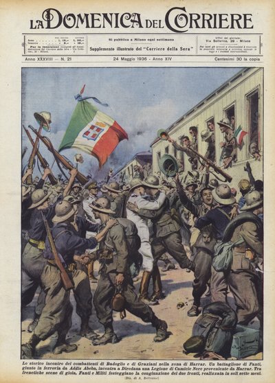 Historické setkání Badogliových a Grazianiho bojovníků v oblasti Harraru od Achille Beltrame