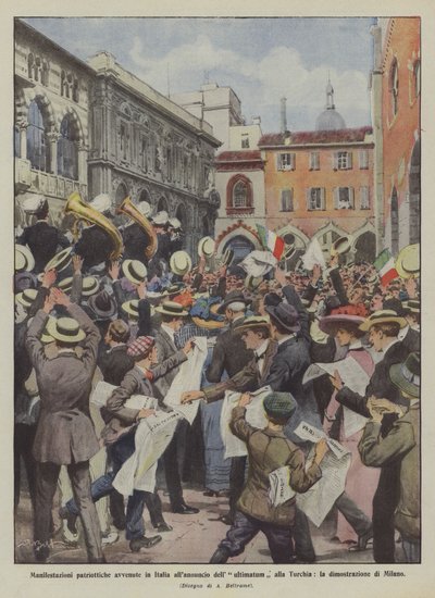 Vlastenecké demonstrace v Itálii po oznámení ultimáta Turecku, demonstrace v Miláně od Achille Beltrame