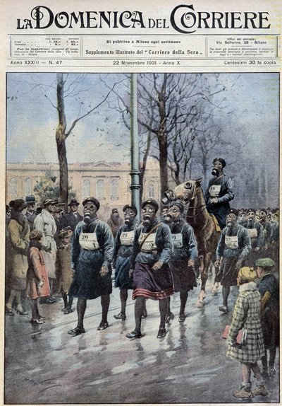 Pochod organizovaný ve Varšavě za účelem cvičení obyvatelstva v používání plynových masek - kresba A. Beltrame, v „“la Domenica del Corriere““ z 22.11.1931 od Achille Beltrame