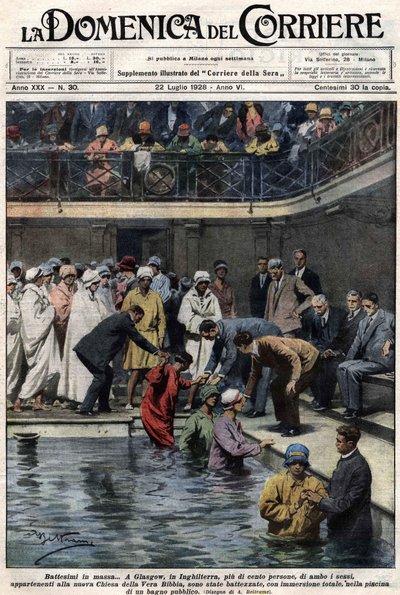 Hromadné křty: Ve skotském Glasgow bylo v obecním bazénu pokřtěno více než sto lidí, členů nové Pravé biblické církve. Ilustrace Beltrame. La Domenica del Corriere. 22/07/1928. od Achille Beltrame