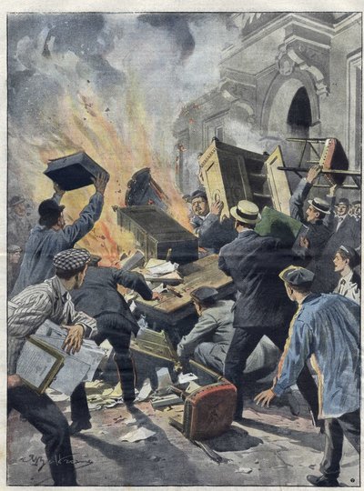 Midi vinařská krize v roce 1907: vinaři zapálili radnici v Beziers (Herault). Ilustrace Achille Beltrame z roku 1907. od Achille Beltrame