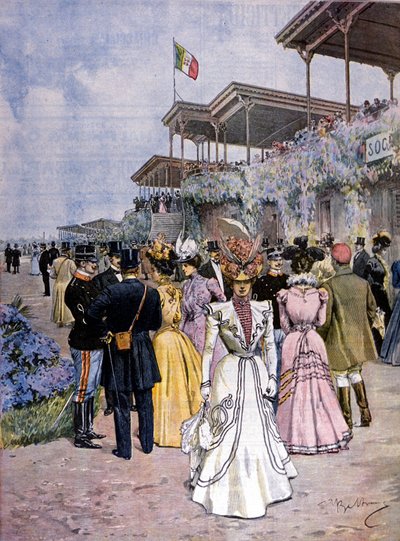 Milán: dostihy na dostihovém závodišti San Siro: předání obchodní ceny (Premio del commercio). Ilustrace Beltrame. Domenica del corriere. 1899. od Achille Beltrame