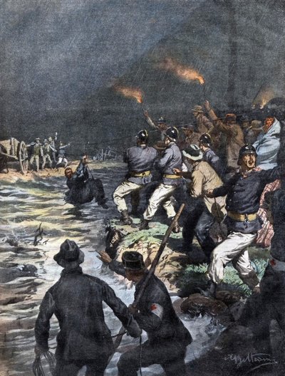 Zázračná záchrana povozníků zablokovaných na ostrově na řece Serio nedaleko Bergama - Ilustrace Beltrame v „La Domenica del Corriere““ 10/1909 od Achille Beltrame