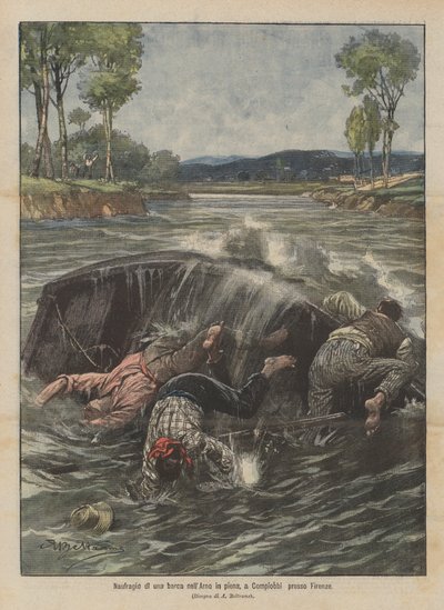 Ztroskotání lodi v zatopeném Arnu v Compiobbi poblíž Florencie od Achille Beltrame