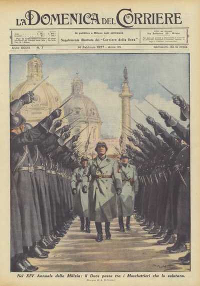 Ve 14. ročníku domobrany prochází Duce mezi mušketýry, kteří mu vzdávají hold. od Achille Beltrame