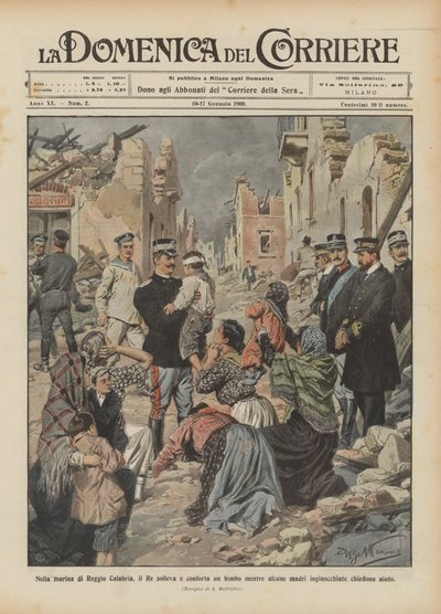 V přístavu Reggio Calabria král zvedá a utěšuje dítě, zatímco některé klečící matky žádají o pomoc od Achille Beltrame