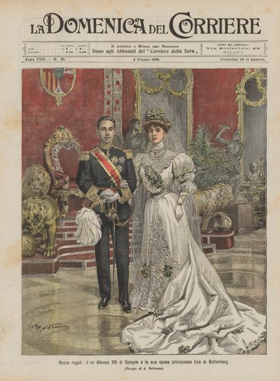 Královská svatba, španělský král Alfons XIII. a jeho nevěsta princezna Ena z Battenbergu od Achille Beltrame