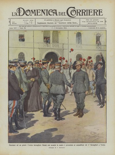 Vyznamenání pro statečného, ​​hrdinského bersagliere Bennu se svou matkou vedle něj a prezentované jeho kolegům vojákům? od Achille Beltrame