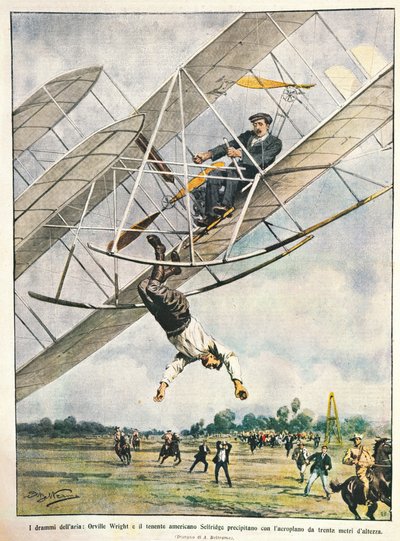 Orville Wright a poručík Seliridge se vrhají dvojplošníkem z třiceti metrů, Spojené státy americké, ilustrace Achille Beltrame z La Domenica del Corriere, 11. října od Achille Beltrame