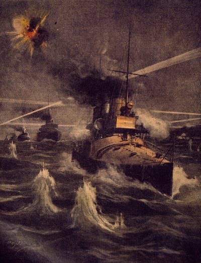 Naše torpédové čluny podnikají odvážný vpád do Dardanelské úžiny pod nepřátelskou palbou, Achille Beltrame (1871-1945), ilustrace z La Domenica del Corriere od Achille Beltrame