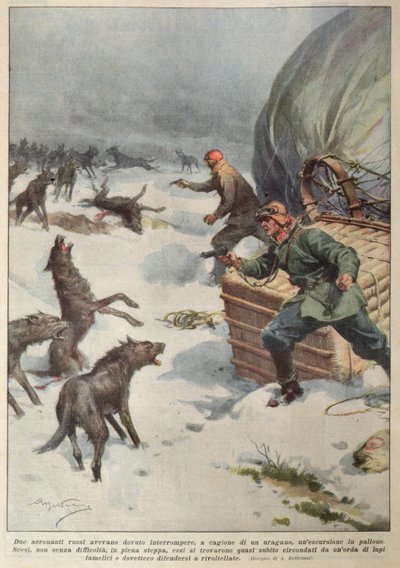 Smečky vlků útočících na posádku uzemněného ruského horkovzdušného balónu, ilustrace z „La Corriere della Sera“ od Achille Beltrame