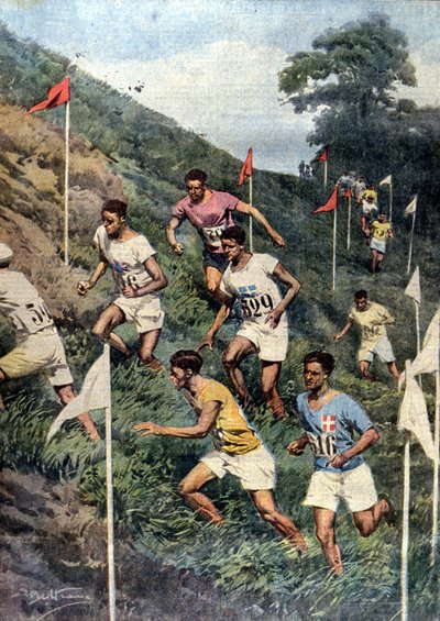 Olympijské hry v Paříži: běh s přírodními překážkami: přespolní běh. Ill. de Beltrame. La Domenica del Corriere od Achille Beltrame