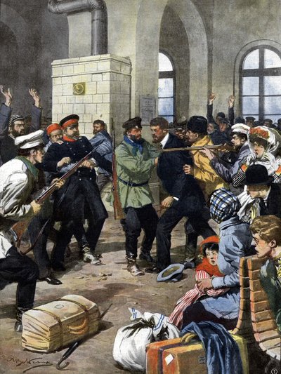Cestující byli přepadeni na nádraží v Evropě lupiči a okradeni v čekárně. Ill. de Beltrame. La Domenica del Corriere. 07/1909. od Achille Beltrame