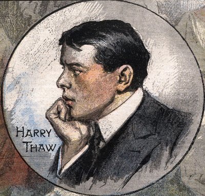 Portrét Harryho Thawa v roce 1907 během jeho soudu od Achille Beltrame