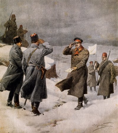 Obnovení války, turecký poslanec přijíždějící do bulharského tábora se zprávou oznamující konec příměří, Achille Beltrame (1871-1945), ilustrace z La Domenica del Corriere, 9. února od Achille Beltrame
