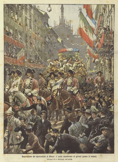 Vzkříšení milánského karnovalonu, maskovaný průběh masopustního čtvrtku (9. března) od Achille Beltrame