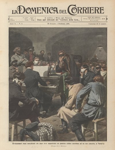 Maskovaní ruští revolucionáři, kteří se po únosu slavného pianisty zúčastní jednoho z jeho? od Achille Beltrame