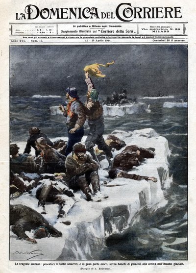 Rybáři tuleňů, z nichž někteří zemřeli, zůstali uvězněni na oceánu unášeným ledem. Ill. de Beltrame. ""La Domenica del corriere"". 12-19/04/1914. od Achille Beltrame