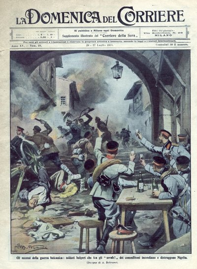 Druhá balkánská válka (1913) mezi Bulharskem a Řeckem a Tureckem: Bulharští vojáci zapálili a zničili Nigritu v Řecku. La Domenica del Corriere. 07/1913. Ilustrace Beltrame. od Achille Beltrame