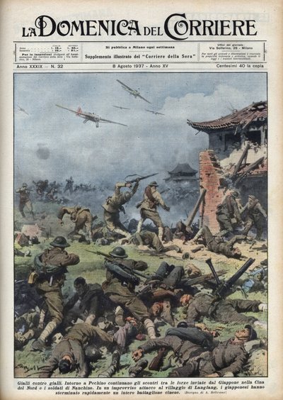 Druhá čínsko-japonská válka (1937-1945): střety mezi japonskými a čínskými zbraněmi poblíž Pekinu, Japonci rychle vyhladí celý čínský prapor. Ilustrace Achille Beltrame z „La domenica del corriere““ z 8.8.1937. od Achille Beltrame