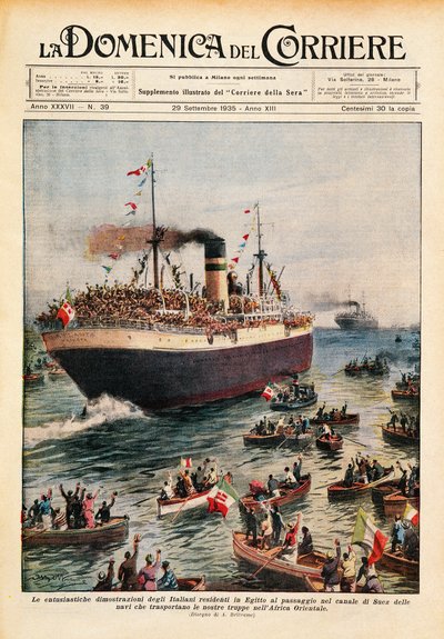 Lodě převážející italské jednotky do východní Afriky překračující Suezský průplav, ilustrace z La Domenica del Corriere, 20. října od Achille Beltrame