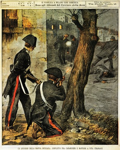 Akce sicilské mafie, Boj mezi karabiniéry a mafiánskými gangstery v Trapani, Achille Beltrame, ilustrace, Ilustrátor Achille Beltrame (1871-1945), z La Domenica del Corriere, 31. prosince 1899 od Achille Beltrame