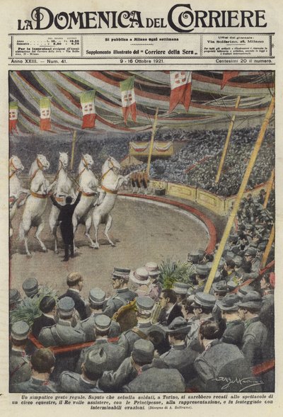 Vojáci sledující vystupující koně v cirkuse v Turíně od Achille Beltrame