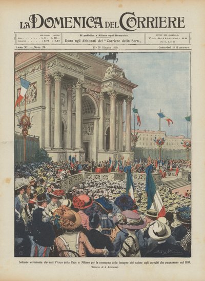 Slavnostní ceremoniál před Arco della Pace v Miláně za předání hodnotných insignií společnosti? od Achille Beltrame