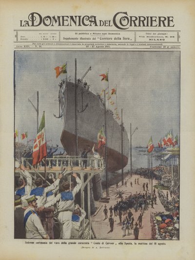 Slavnostní zahájení startu velké bitevní lodi Conte di Cavour v La Spezia, ráno 10. srpna od Achille Beltrame