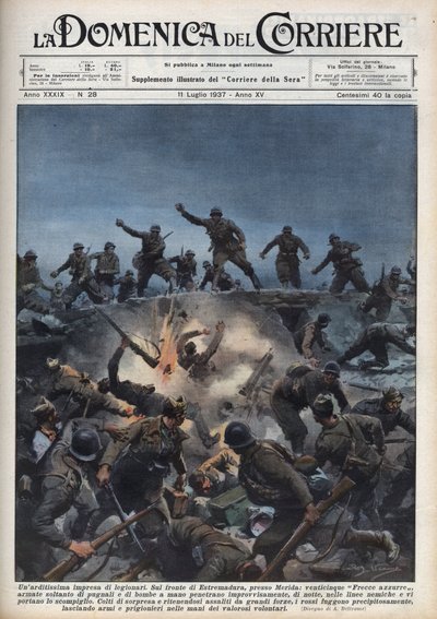 Španělská občanská válka: Divize italských dobrovolníků prchá před španělskou republikánskou armádou v oblasti Merida ve Španělsku. Ilustrace Achille Beltrame v „La domenica del Corriere““ z 11.07.1937. od Achille Beltrame